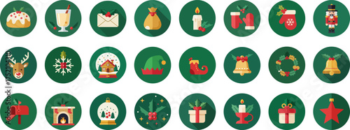 24 Christmas icons in flat design style with circular frames and green, red, gold, white, and brown palette