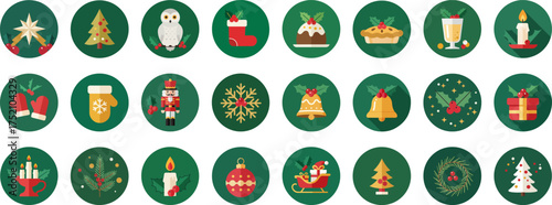 24 holiday-themed flat icons in circular frames with rich greens, vibrant reds, elegant golds, and crisp whites