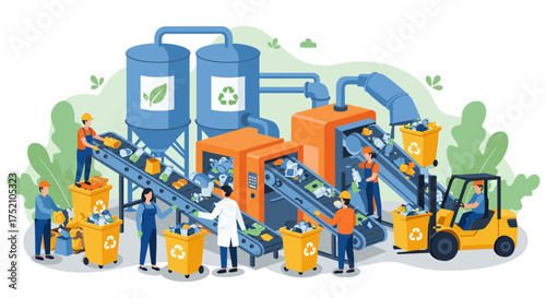 Recycling plant illustration with workers sorting waste on conveyor belts.