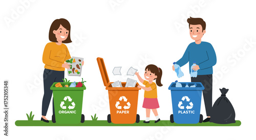 Family recycling waste into different bins for organic, paper, and plastic materials.