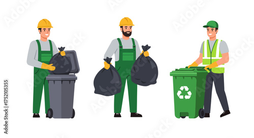 Three sanitation workers collecting garbage and recycling in a vector illustration.