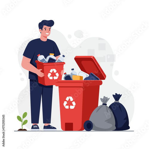 Man recycling plastic bottles into a red recycling bin with recycle symbol.