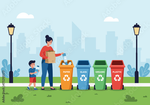 Woman and child recycling in a park with labeled bins.