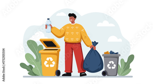 Person recycling plastic bottle and carrying trash bag near recycling bins.