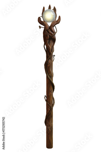 Intricately carved wooden staff with glowing orb on transparent background