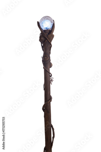 Tall intricately designed staff with glowing blue orb on transparent background