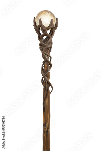 Tall intricately crafted staff with wooden shaft and polished spherical head on transparent background