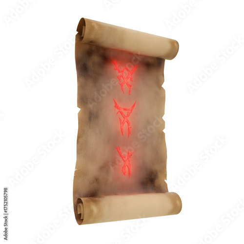 Ancient parchment scroll with glowing red symbols on transparent background
