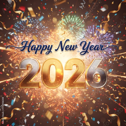 Elegant Happy New Year 2026 background featuring golden sparkles, festive light  and a joyful celebratory theme, perfect for social media posts and banners.
