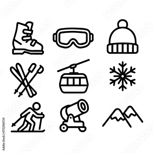 set of outline icons skier vector on a white background
set of 9 line icons, vector, on a white background