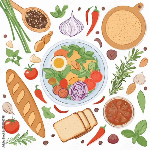 Healthy Salad Composition with Ingredients Tomatoes, Bread, Herbs, and Spices on White Background