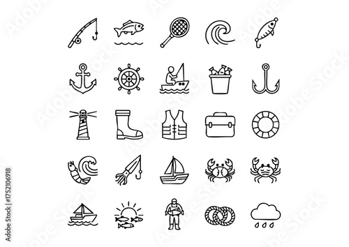 Fishing & Angling: 25 Vector Line Icons Set, Seafood & Catch: Fisherman Gear Outline Graphics, Marine Life: Thick Black & White Fishing Icons