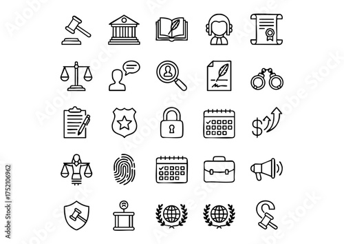 Legal Justice: 25 Vector Line Icons Set, Law & Order: Attorney & Court Outline Graphics, Modern Law Firm: Black & White Vector Icon Collection