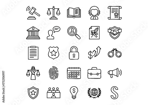 Legal Justice: 25 Vector Line Icons Set, Law & Order: Attorney & Court Outline Graphics, Modern Law Firm: Black & White Vector Icon Collection