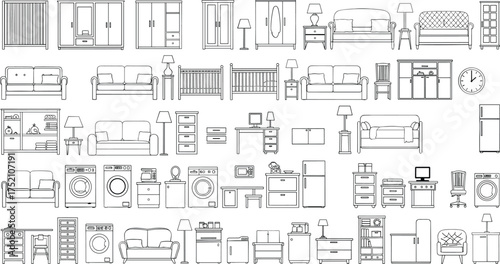 Household furniture and appliance set, top-down vector clipart, home essentials illustration, interior design icons, residential decor pack