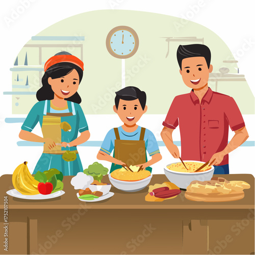 Family Cooking Together A Fun Illustration of a Family Preparing a Meal in the Kitchen