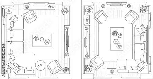 Living room floor plan set, furniture arrangement vector, interior design layout clipart, home decor planning illustration collection