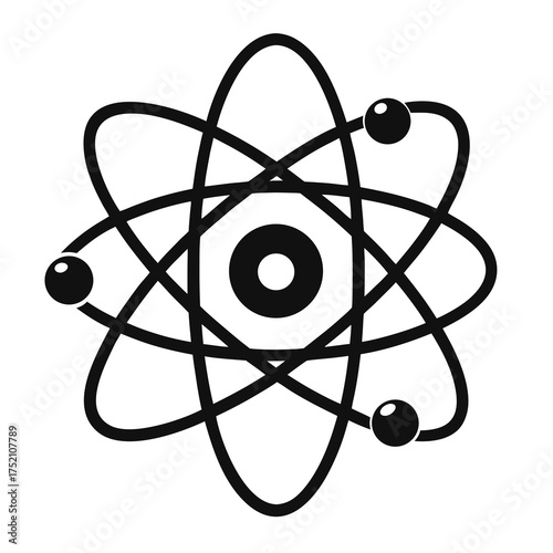 Stylized black atom symbol with orbiting electrons representing science, physics, and atomic theory in graphic design