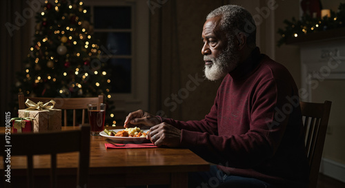 Elderly black man dining alone at table during Christmas evening  
