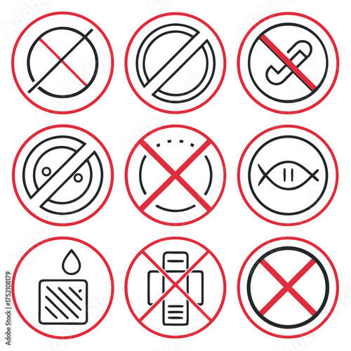 Set of minimal line icons with red prohibition signs, representing various restrictions and safety warnings on a white background