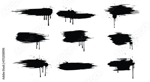 Set of expressive black grunge brush strokes with dripping ink splatters and textured effects