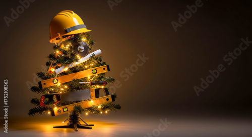 Construction-themed Christmas tree with yellow hard hat and tools  