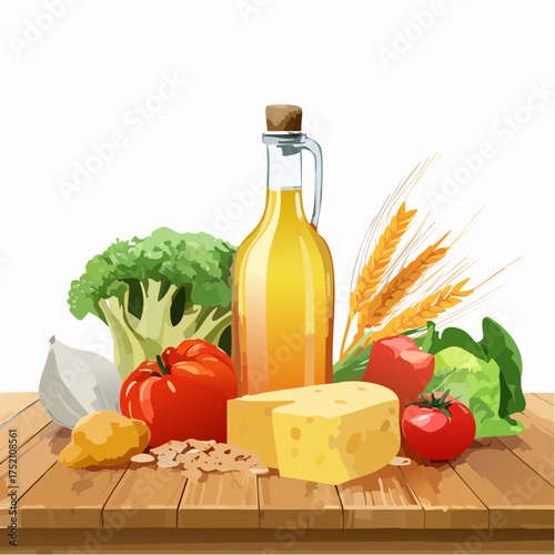 Healthy Eating A Vibrant Illustration of Fresh Vegetables, Oil, and Nutritious Foods on a Wooden Table