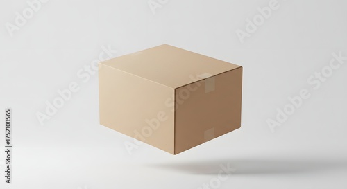 Single brown cardboard box floating in mid-air against a clean, light background.
