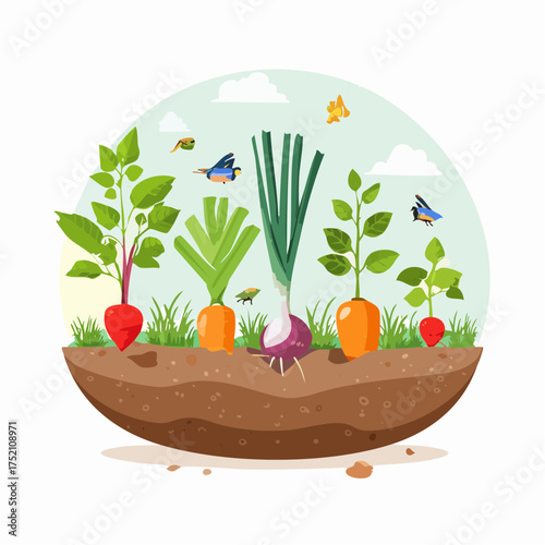 Fresh organic root vegetables like carrots and radishes growing in a lush garden patch, a concept illustration of healthy farming and harvesting