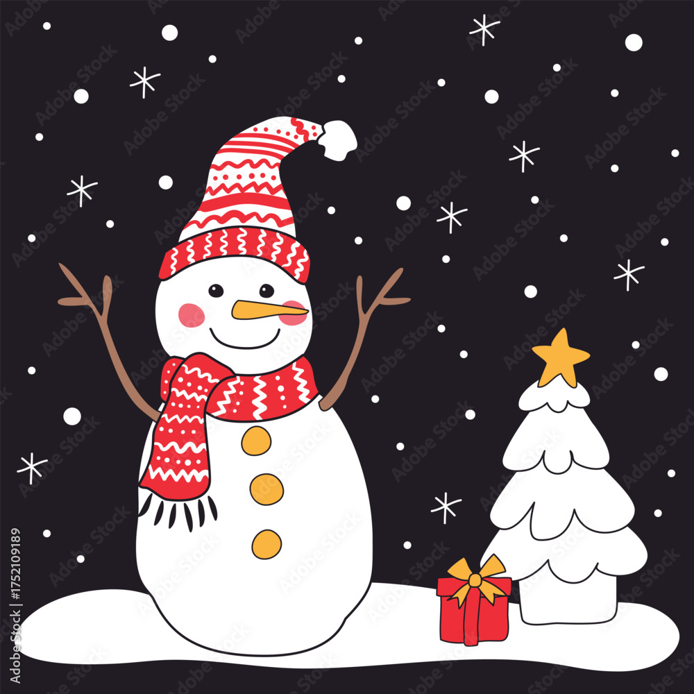 Naklejka premium A cheerful snowman wearing a red patterned hat and scarf stands beside a snowy Christmas tree with a golden star and a gift box for greeting cards, posters, or festive designs.