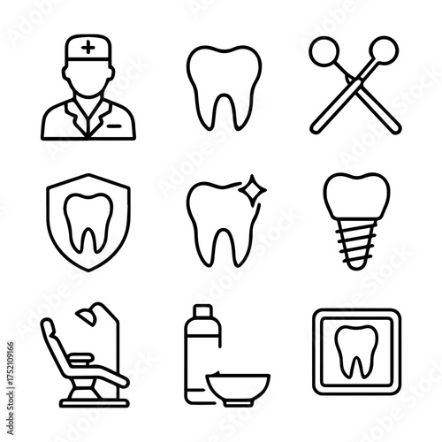 set of outline icons dentist vector on a white background
set of 9 line icons, vector, on a white background