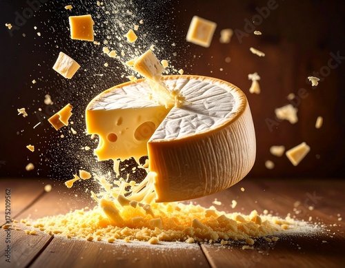 Cheese Explosion: Witness the dynamic burst of flavors as a wheel of exquisite cheese experiences an explosive moment, with pieces scattered around a rustic wooden table.