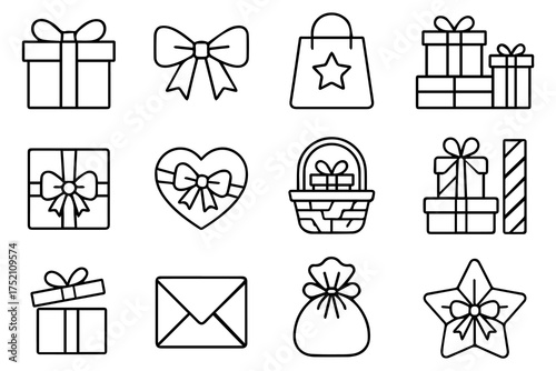 Shopping and retail icon set with gift card, present box, shopping cart, and bag symbols. Vector line art for e-commerce, web, and online store.