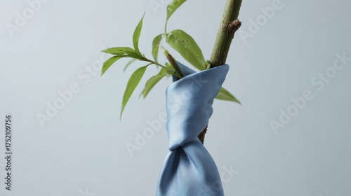 Light blue tie knot around plant stem with fresh green leaves and water droplets, environmental concept of business and nature intertwined in minimal studio composition