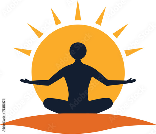 Vector art of silhouette of a person meditating in lotus position against a bright sun, symbolizing inner peace, balance, and spiritual growth
