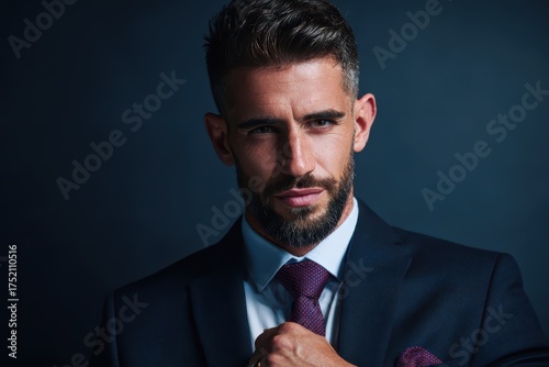Sophisticated man in suit. Intense gaze and confident demeanor. Sharp, clean-cut appearance conveys professionalism and leadership.