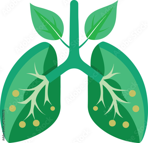 Vector art of green lungs illustration with leaves, symbolizing respiratory health, nature, and environmental awareness, represents clean air and healthy breathing