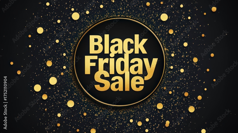 Naklejka premium Elegant black friday sale design with golden glitter and confetti on a dark background, perfect for promotions