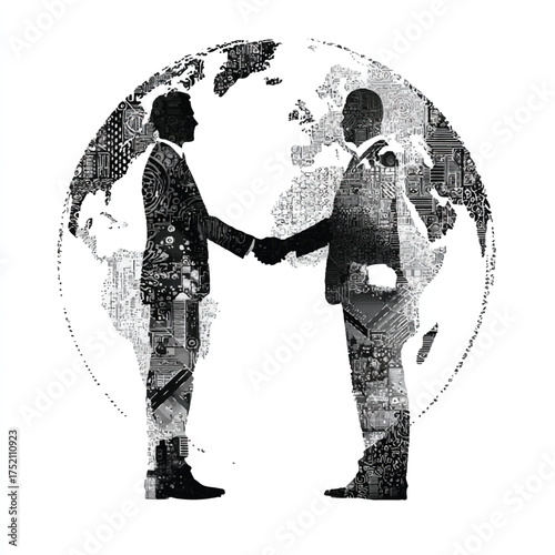 Global business handshake depicted with circuits and digital patterns symbolizing international technology collaboration and worldwide partnerships
