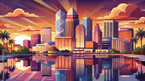 Very beautiful Tampa skyline at sunset, Florida, USA, with modern buildings reflecting warm golden light across calm river waters under a colorful evening sky.
