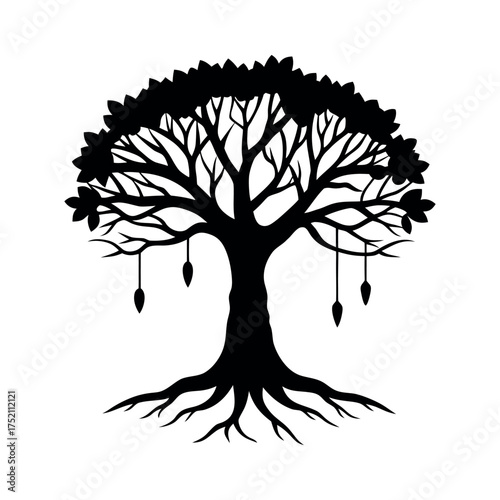 minimal silhouette vector of banyan tree with hanging roots