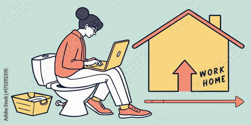 Humorous remote worker on toilet with laptop working from home concept
