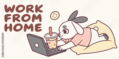 Cute piggy freelancer works from home with boba tea and laptop cartoon