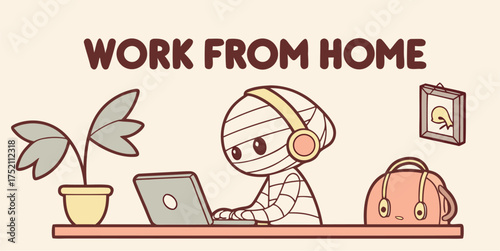 Funny mummy working from home with laptop and headphones illustration
