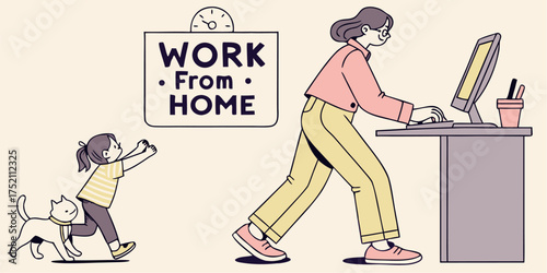 Woman working from home with family interruptions, remote work lifestyle