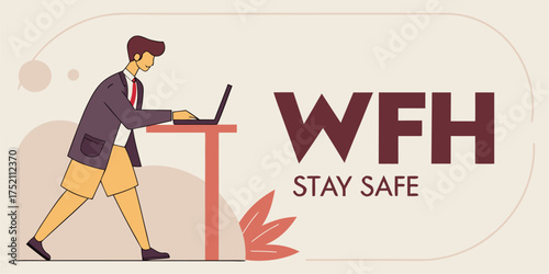 Modern work from home vector art of man on laptop promotes safety message