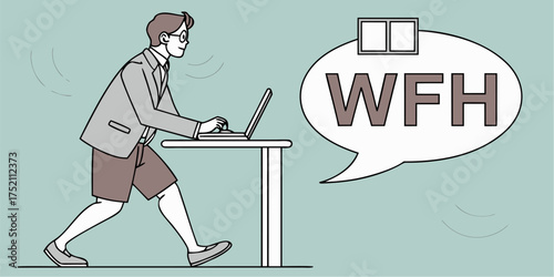 Hip professional works from home concept with laptop and speech bubble