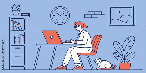 Working comfortably from home, woman at computer with her adorable cat