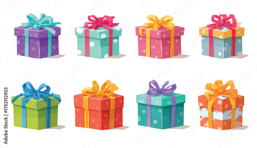 Fototapeta premium Group of festive and colorful gift boxes with ribbons and bows celebration theme illustration