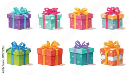 Group of festive and colorful gift boxes with ribbons and bows celebration theme illustration